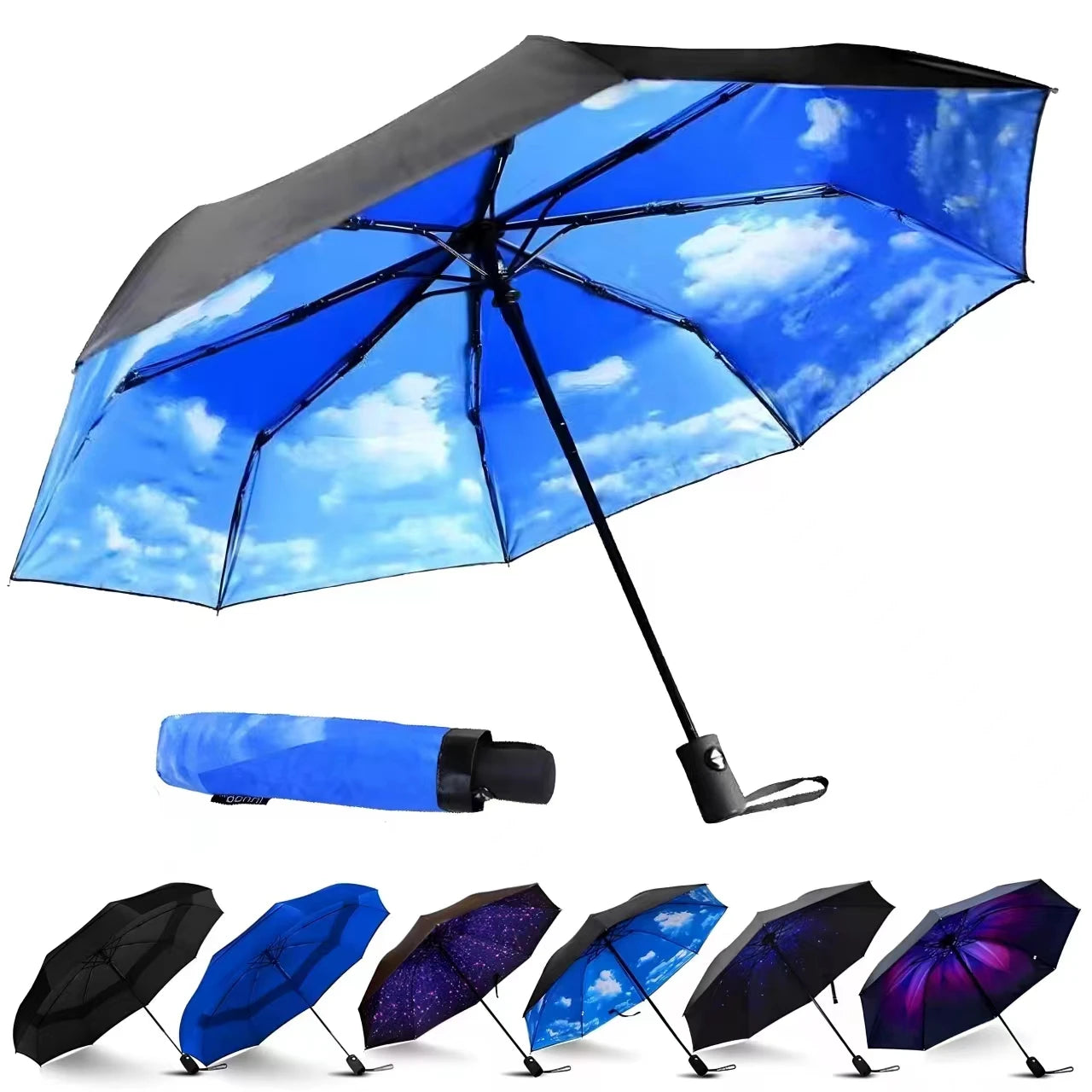 Automatic Umbrella Custom with Logo Print Black Uv Fabric Sun and Rain Umbrella Blue Sky Clouds Promotional Wholesale Parapluie