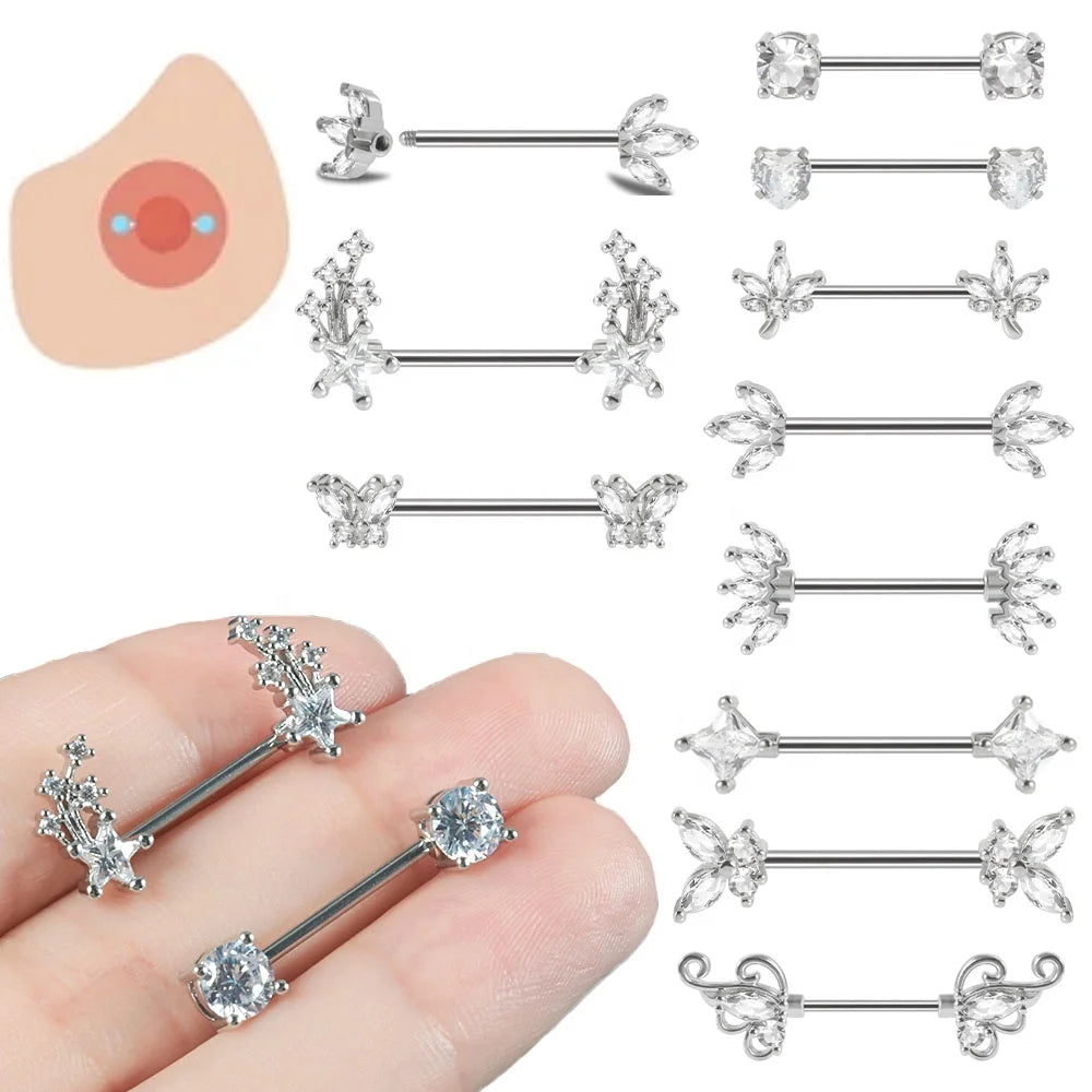 316L Stainless Steel Body Piercing Fashionable 16G Nipple Heart Barbell Ring Butterfly Nipple Stick Silver Color Sexy Nipple
