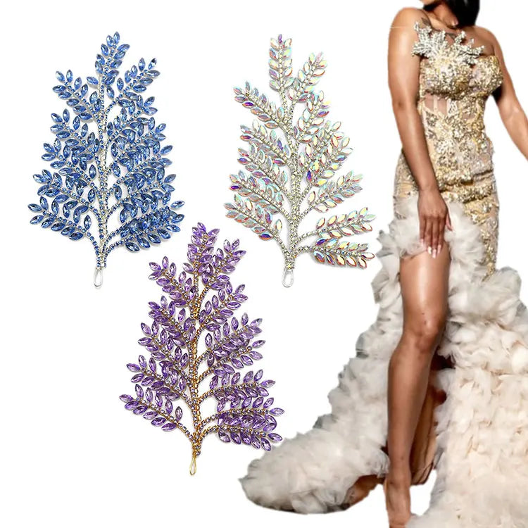 WHD-066 Keering a Class Crystal Sew-On Cloth Handmade 3D Modeling Bling Rhinestone Flower Leaves Patch for Wedding Dress