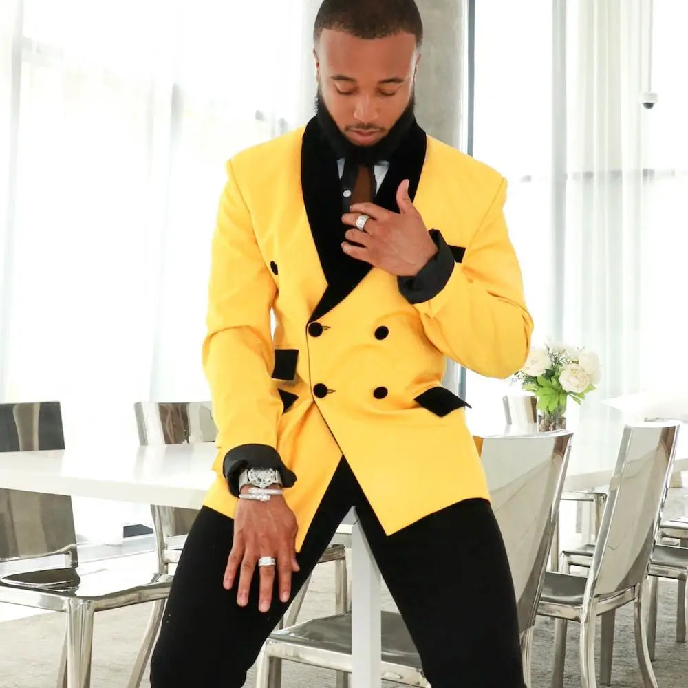 Costume Homme Yellow Blazer +Black Pants Casual Men Jacket Fashion Custom Groom Wedding Prom Tuxedo Terno Masculino 2 Pieces