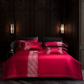 OEM Romantic Red Couple Duvet Cover Green Embroidery Bed Sheets 4-piece Home Textile Bedding Sets Manufacturer