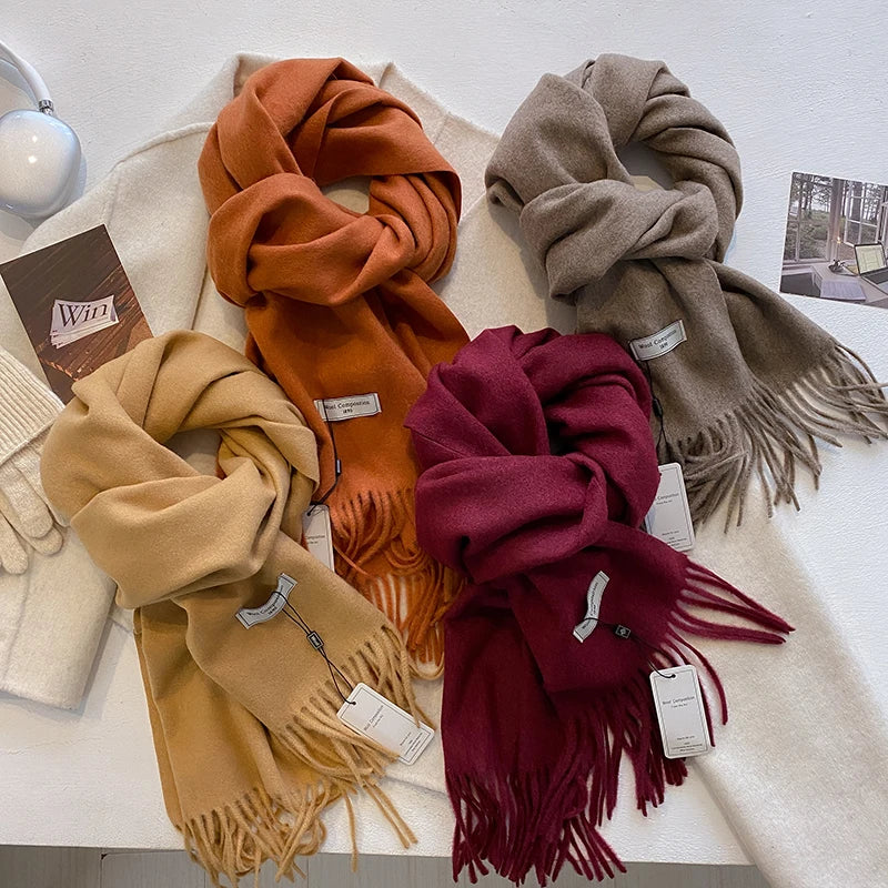 Solid Color Polyester Imitation Cashmere Shawl Elegant Women's Winter Long Wrap Fringe Soft Skin-Friendly Warm Fashion Accessory
