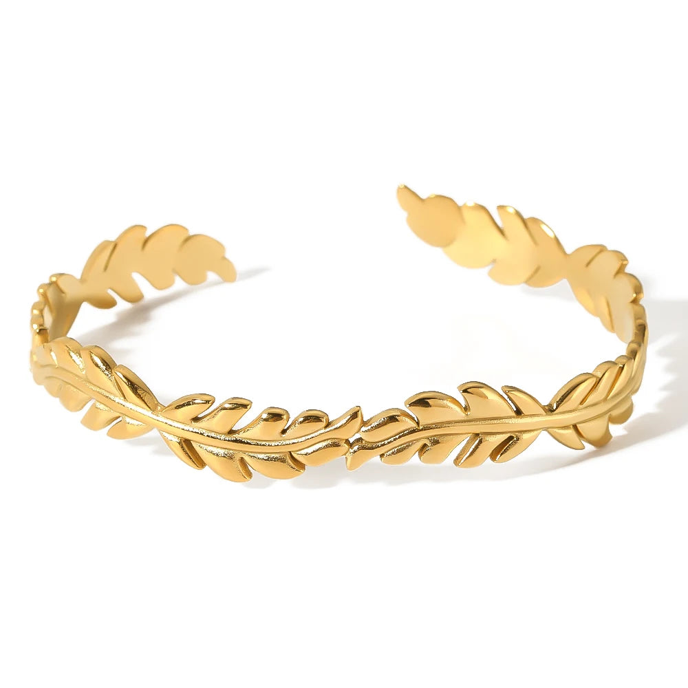 Vintage 18K Gold Plated Stainless Steel C Shape Cuff Bracelet New Stitching Leaves Fashion Bangle