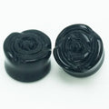 Huiying Diy 12mm High polish new design natural gemstone flower rose craved black agate earings pink agate ear plugs