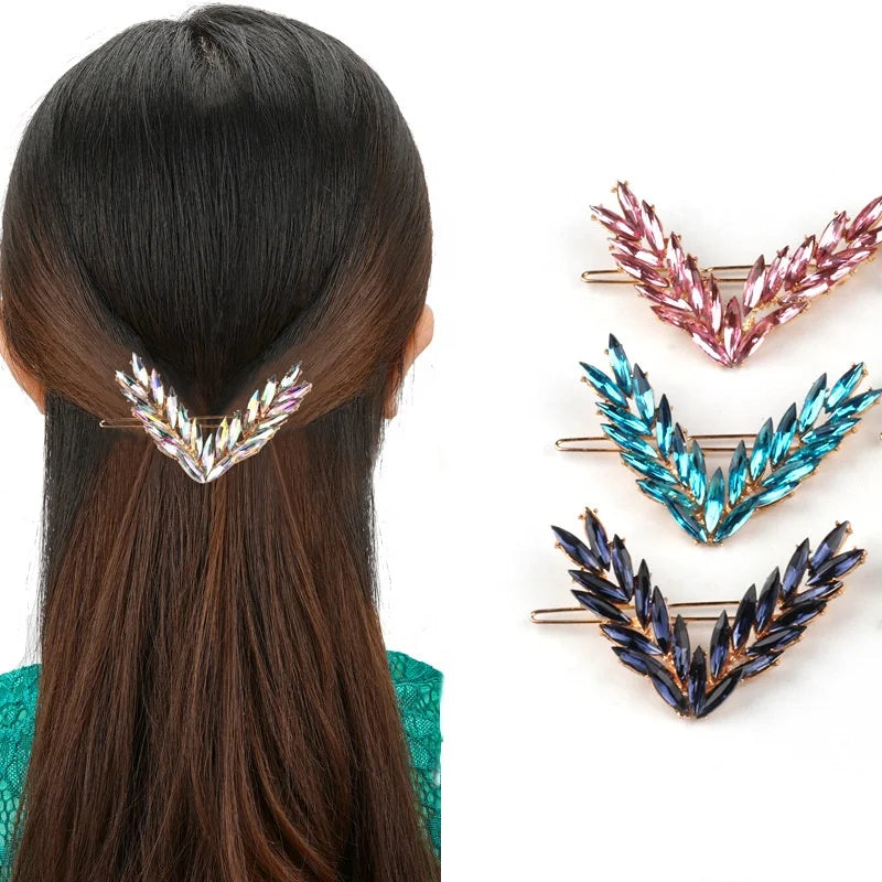 Big Holder Gold Alloy Girls Women Feathered Ladies Hair Slides Hairpins V Rhinestone Hair Clips With Crystals