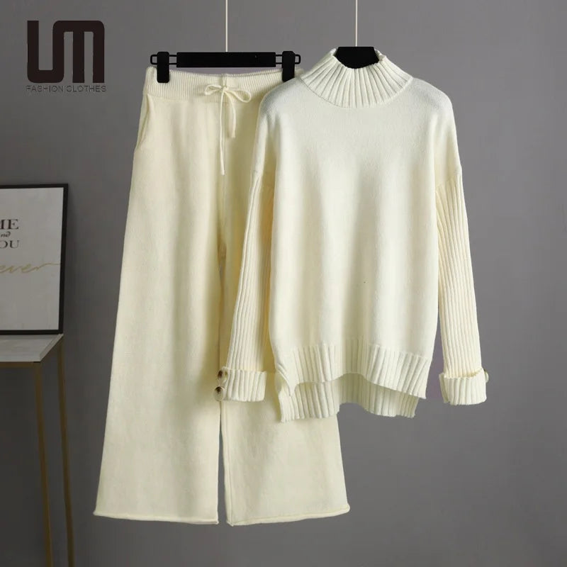 Clearance Sales Women's Winter Turtleneck Sweater Set Good Quality Knitted Pullovers Wide Legs Pants Solid Casual Style