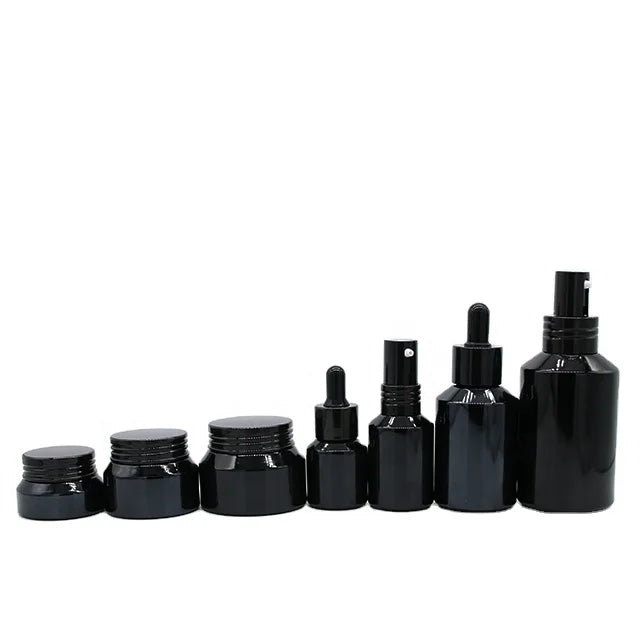 Luxury 15 30 50g 15ml 30 60 100 125ml Slanted Shoulder Black  Lotion Cream Glass Jar Serum Dropper Bottle Skin CareBottle Set