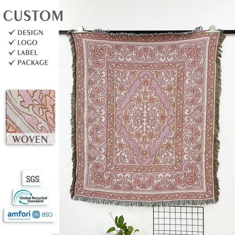 Customizable Boho Raschel Blanket Woven Tapestry Design Solid/Dot Four Seasons Use Portable Outdoor Camping Picnic Throw Rug