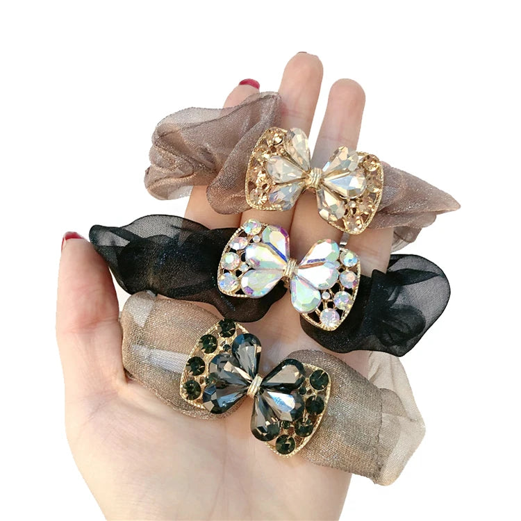 Wholesale High-End Simple Thick Head Hair Tie Adjustable Organza Hair Scrunchie for Women with Rhinestone Butterfly Design