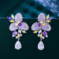 Delicate Purple Yellow Cubic Zirconia Long Flower Leaf Drop Earrings for Women Elegant Bridal Wedding Party Jewelry