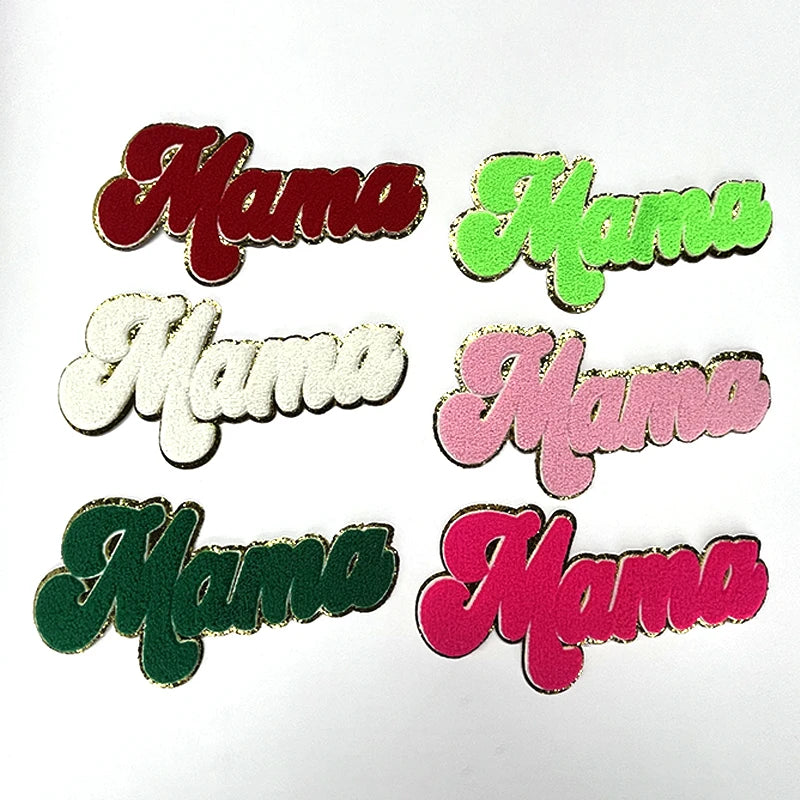 Wholesale Custom Embroidery Glitter Mother's Day Chenille Patch Mama Mon Mother Logo Mama Chenille Patches for Clothes