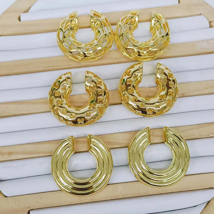 EM1403 Chunky Thick Lightweight Non Piercing Trendy 18k Gold Plated Star Heart Flower Hollow Conch Ear Cuff Earring