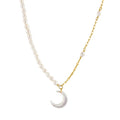 GPN53 Custom 925 Sterling Silver 14K Gold Plated Half Lip Chain Half Cultured Freshwater Pearl Moon Shape Pendant Necklace