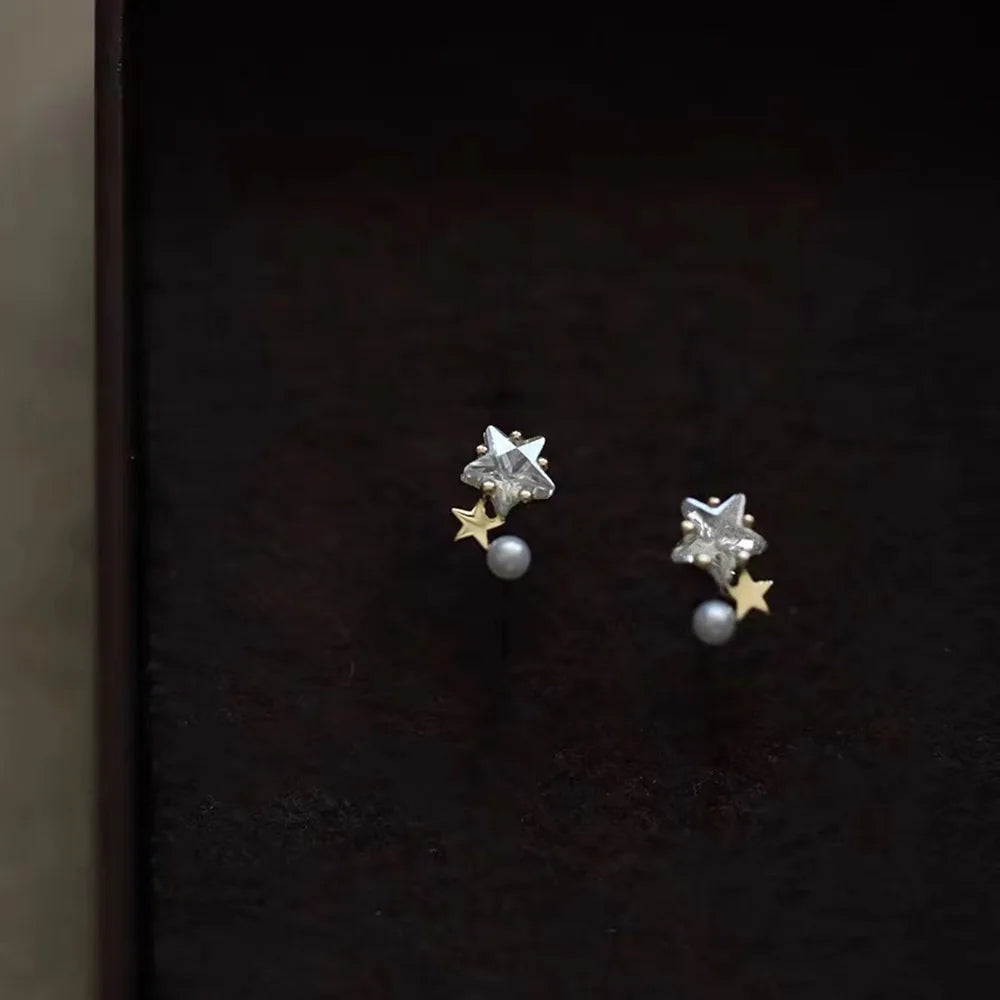 Pure 925 Sterling Silver Cute Fashion Zircon Pearl Star Shaped Stud Earrings for Women Girls