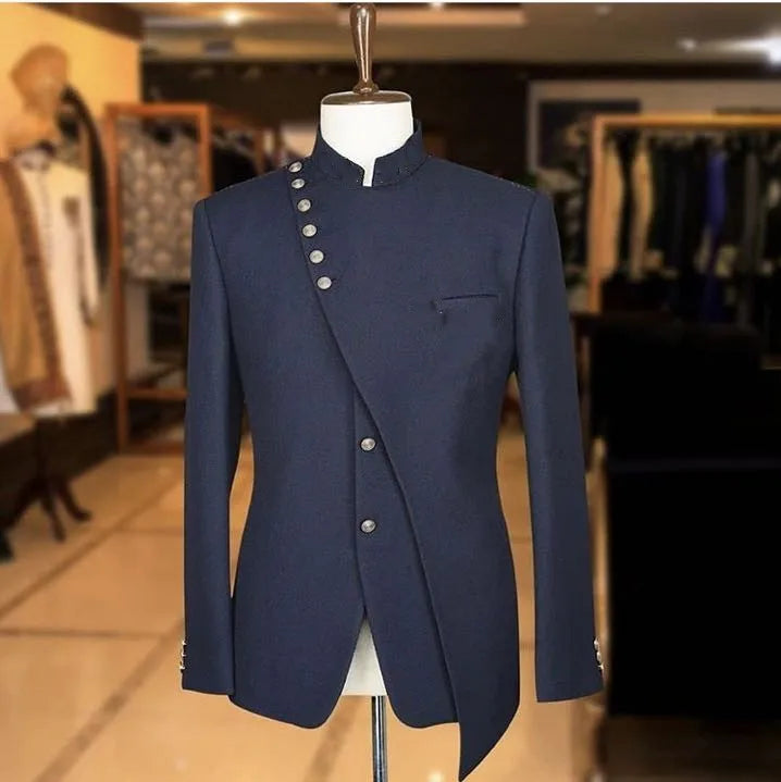 Special Design Navy Blue Men Suits Wedding Grooms Tuxedos 2 Pieces Formal Blazer Two Buttons Prom Suit (Jacket+Pants)