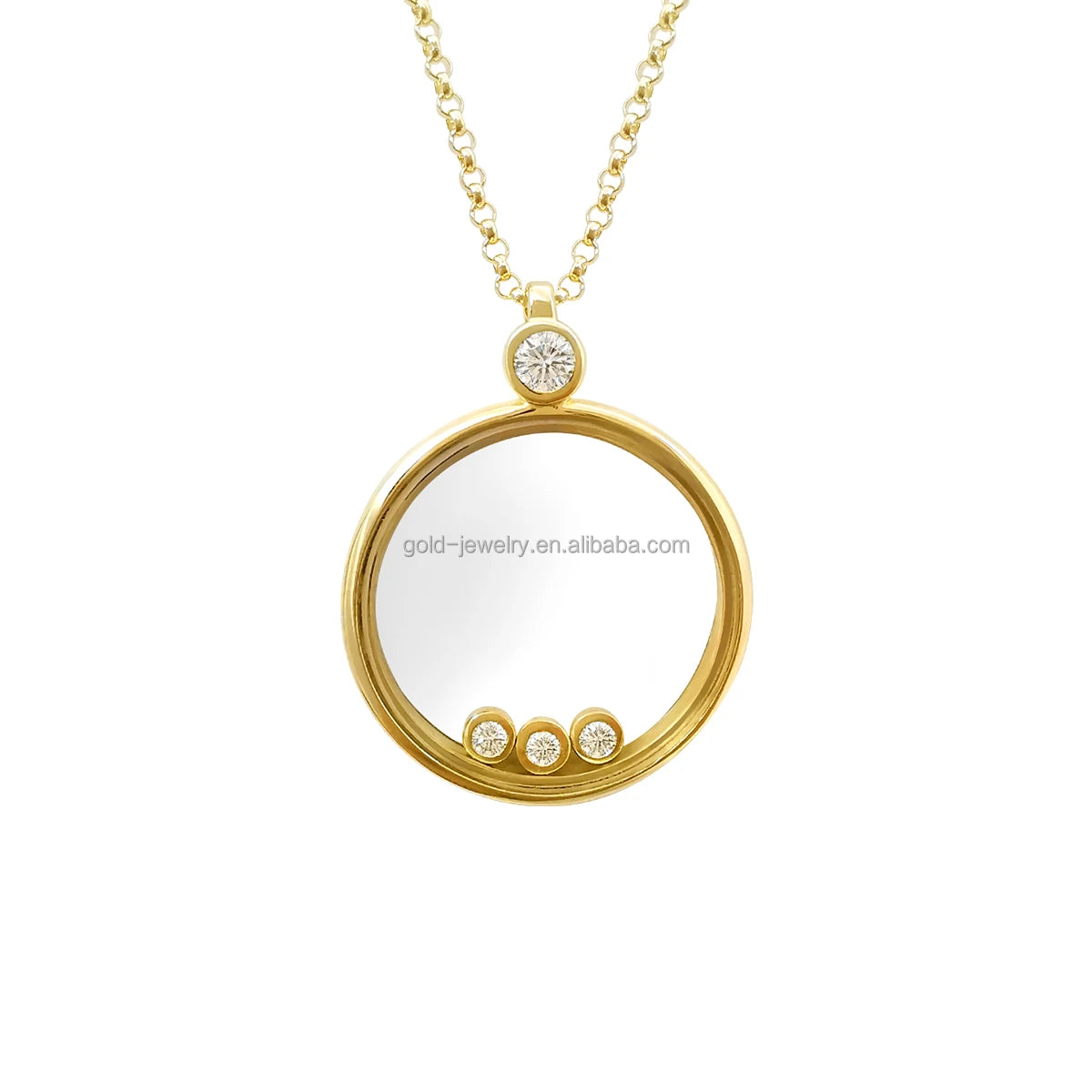 14k AU585 Real Gold Diamond Necklace Round Pendant Necklace Rolo Chain Custom Design Wholesaler Chinese Gold Necklace