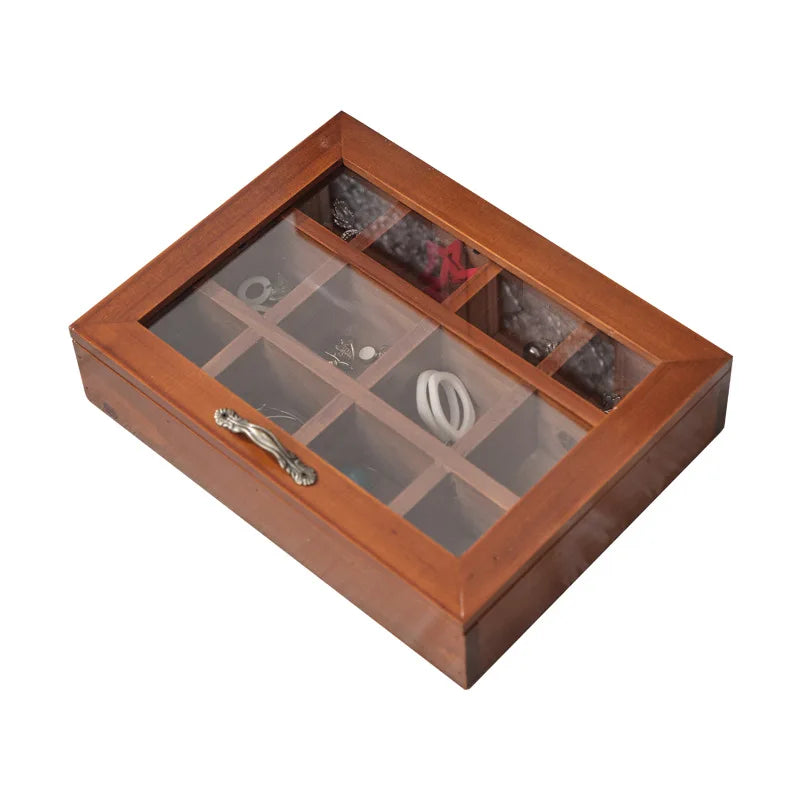Vintage Polished Transparent Lid 12 Compartment Painted Eco-friendly Jewelry Pendant Earring Rings Retro Solid Wooden Box