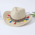 Women's Woven Straw Cowboy Hat W/Beaded Trim Band Hat Beach Holiday Sun Hats