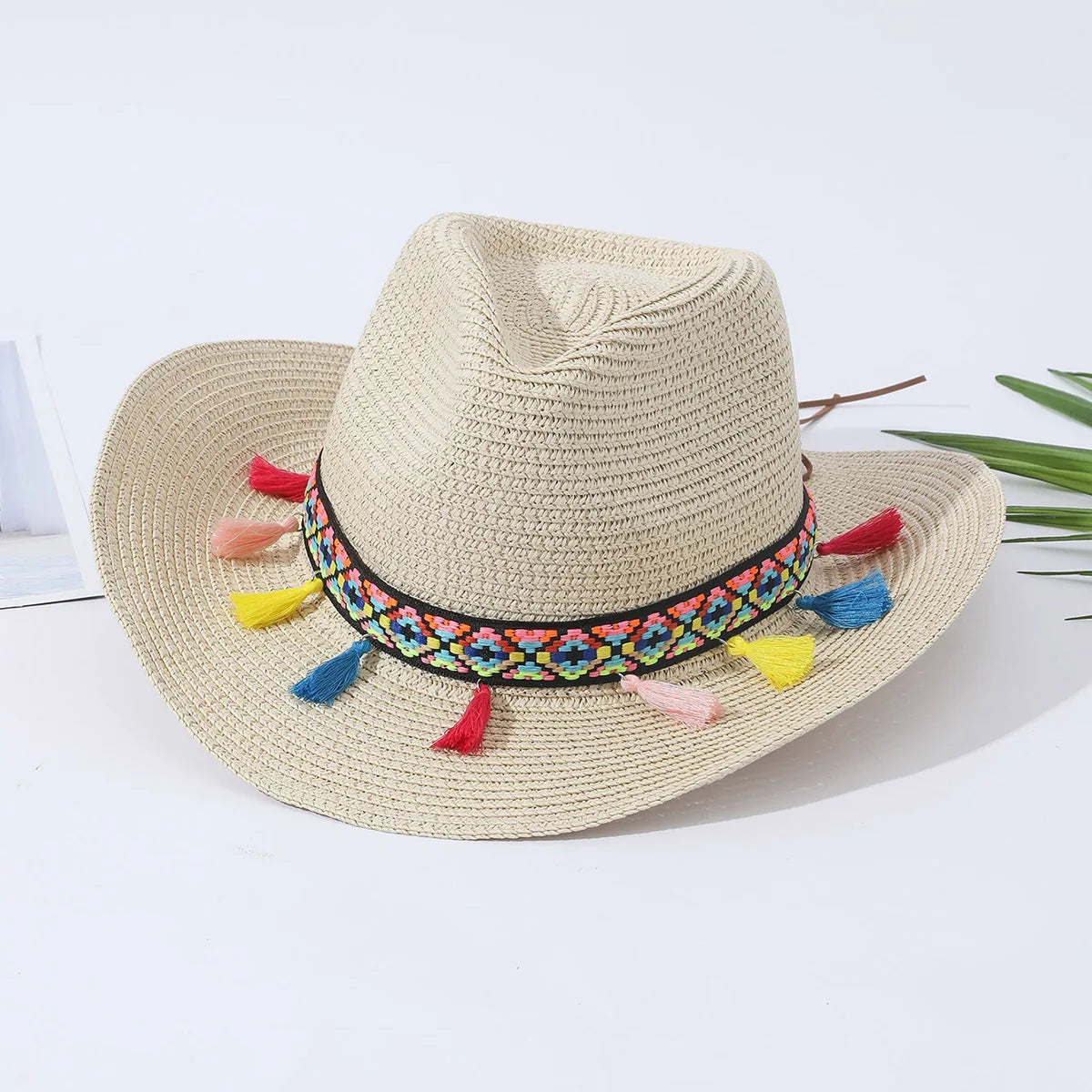 Women's Woven Straw Cowboy Hat W/Beaded Trim Band Hat Beach Holiday Sun Hats