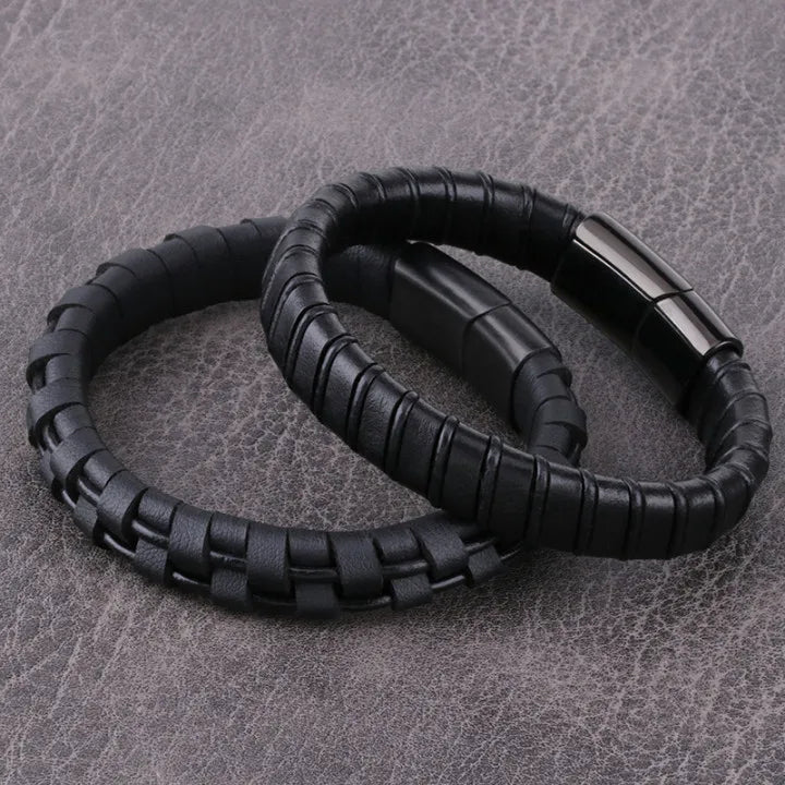 New Simple Fashion Gift Stainless Steel Magnetic Closure Bracelet Braided Genuine Leather Bracelet for Men Women