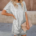Loveda Custom Private Label Summer Solid Short Sleeve Top Loose Glitter Gold Sequin Trim Long T Shirt for Women