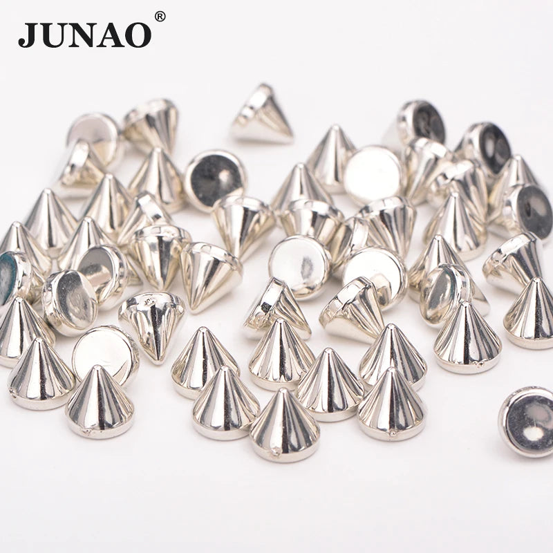 JUNAO Hot Selling 8mm Silver Plastic Spikes Flatback Without Hole Spike Studs Rivet for Handbag