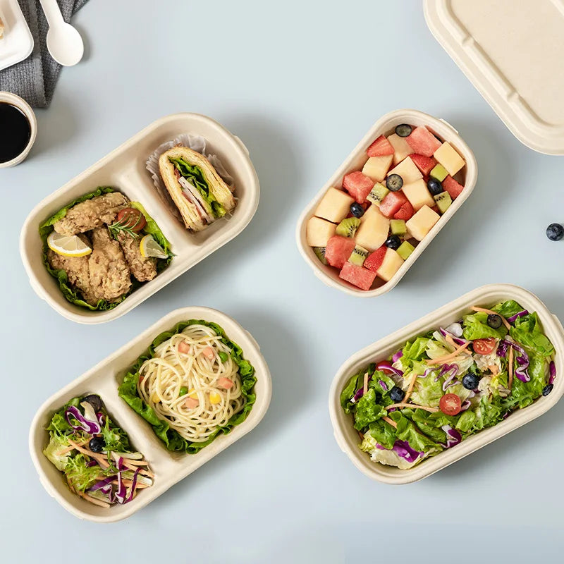 Free Sample Eco-Friendly Disposable Paper Container Takeaway Food 2 Compartment Lunch Box Lid Plant Pattern Biodegradable