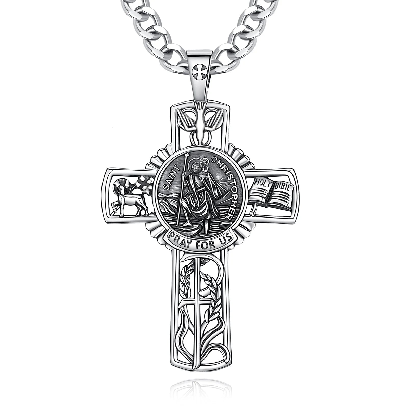 Merryshine 925 Sterling Silver Religious Amulet Jewelry Saint Christopher Hollow Cross Necklace Pendant for Men