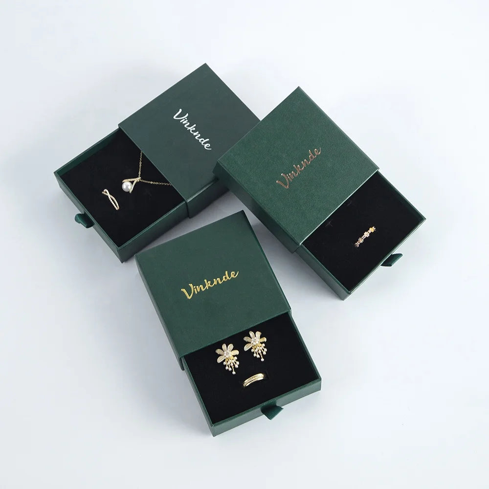 Hot Sale 9*9*3.2 cm Dark Green Sliding Drawer Paper Jewelry Box Elegant Display for Earrings Necklace Hot Jewelry Packaging