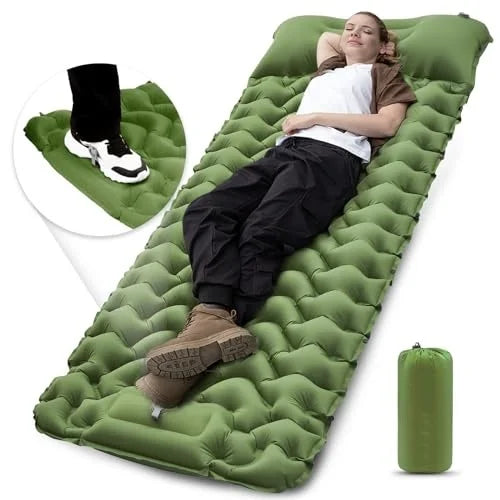 Waterproof Inflatable Camping Mat with Pillow Foldable and Dampproof Air-Filled Sleeping Pad for Picnics