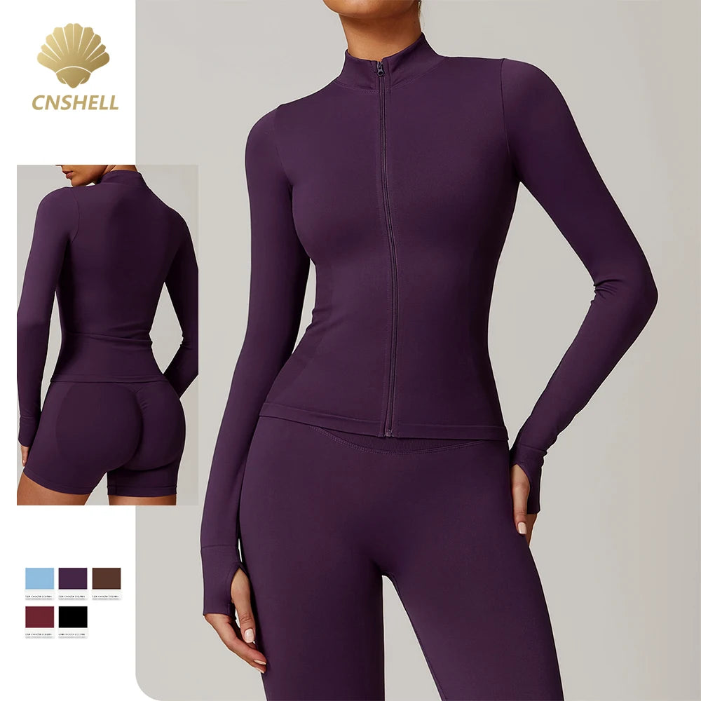 CNSHELL Custom Logo Seamless Nylon Mock Neck Thumb Hole Long Sleeves Yoga Workout Gym Fitness Sports Jacket
