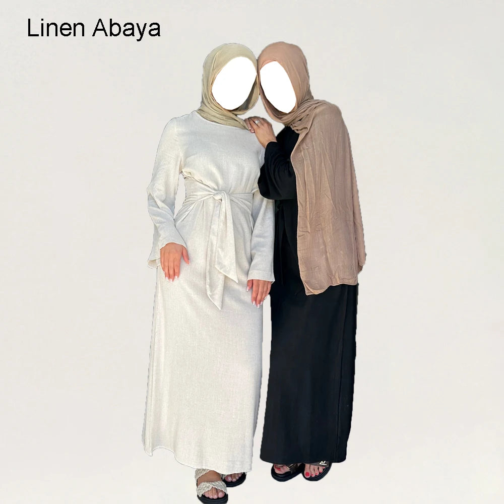 Linen Closed Abaya With Belt Women Muslim Dress Plain Wholesale Manufacturers Islamic Clothing Prayer Turkish Ramadan Eid Abaya