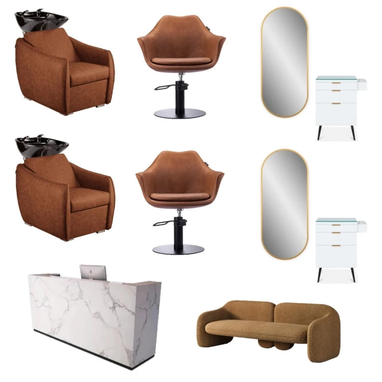 Brown Salon Furniture Equipment Salon Items Package Hair Styling Saloon Chair Set