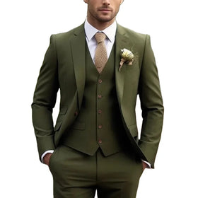 Army Green Notched Lapel Business Suit Men Tuxedos Groom Groomsman Prom Wedding Party Formal 3 Piece Set Jacket Vest Pants