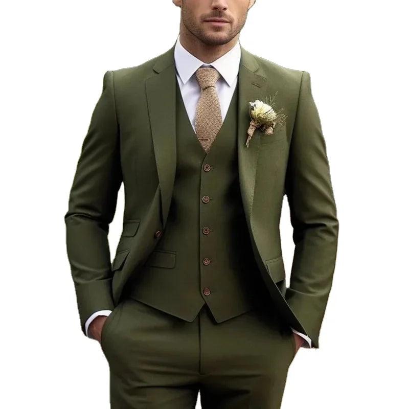 Army Green Notched Lapel Business Suit Men Tuxedos Groom Groomsman Prom Wedding Party Formal 3 Piece Set Jacket Vest Pants