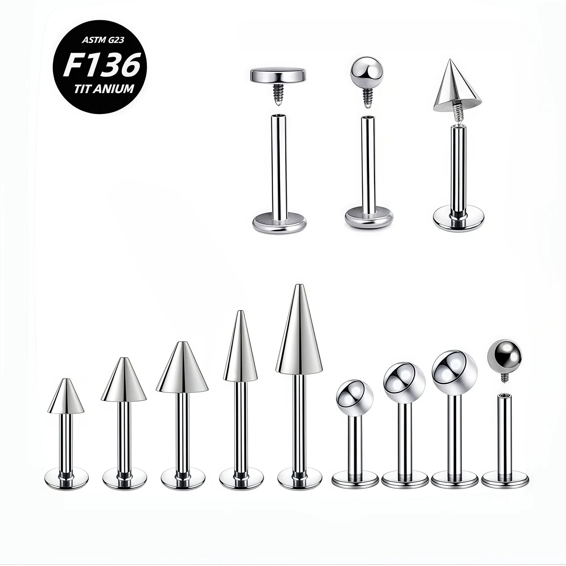 ASTM F136 Titanium Externally or Internally Threaded Labret Lip Stud Ear Cartilage Helix Tragus Body Piercing Jewelry in Stock