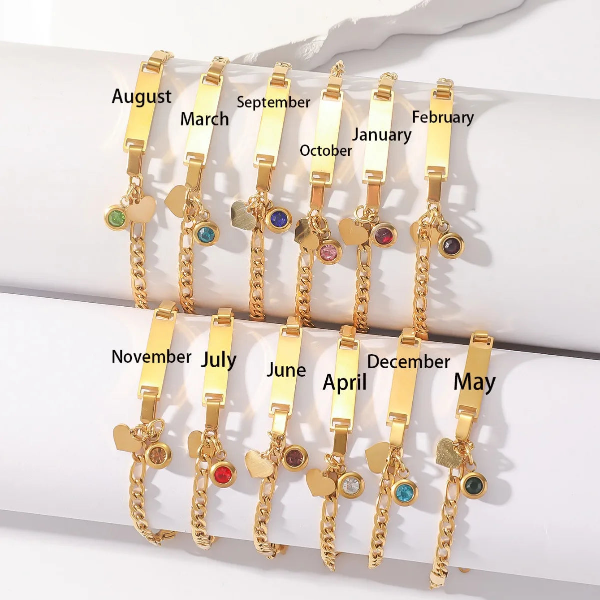 Fashion Femme Accessories Stainless Steel Personalized Jewelry Birthstone Heart Charm Custom Engraved Bar Blanks Bracelets