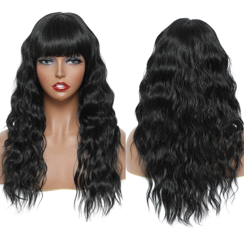 High Temperature Fiber 20 Inches Body Wave Black Hair Full Machine Glueless Made Wigs for Women Synthetic Wigs With Bangs