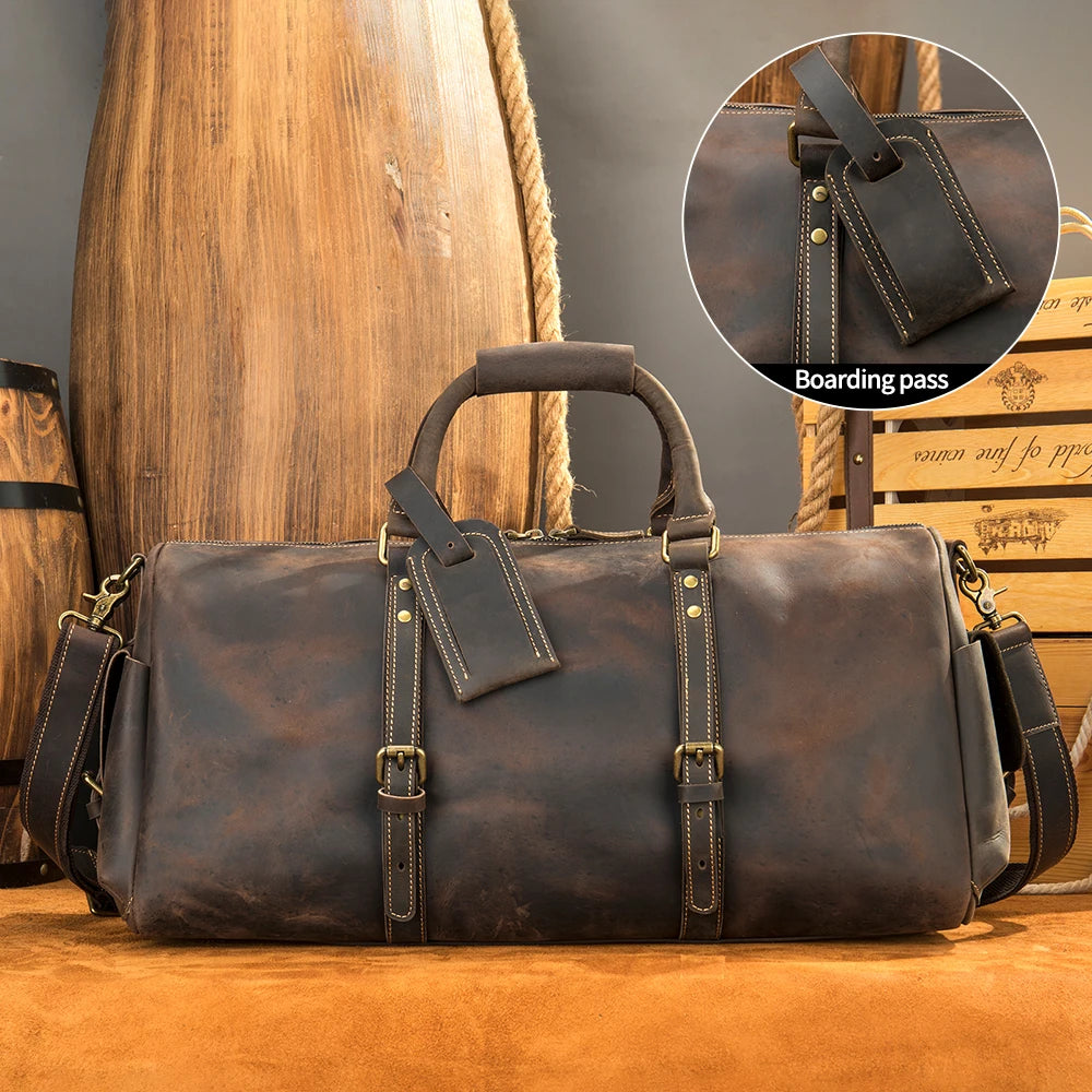 Marrant Mens Crazy Horse Leather Duffel Bag Genuine Leather Duffel Weekender Gym Luggage Oversized Travel Bag Leather Duffel Bag