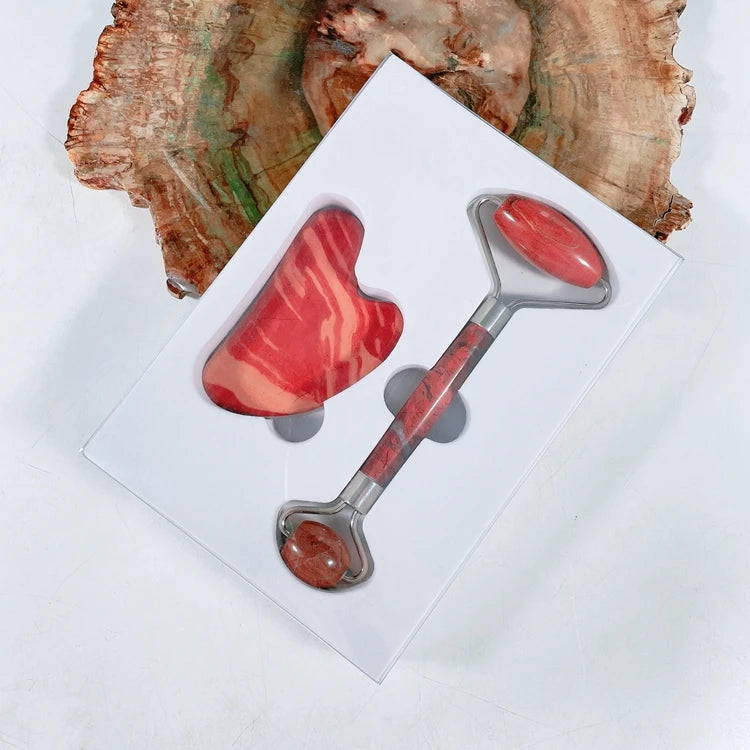 Hongzhuo Skincare Hot Sales 100% Natural  Face Sliver Metal Red Jasper Roller Heart Gua Sha Set As Gift Use