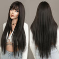 33 Inch Natural Black Wig with Bangs Long Straight Wig for Women Natural Looking Black Brown Synthetic Wigs for Daily Use MegaBDM
