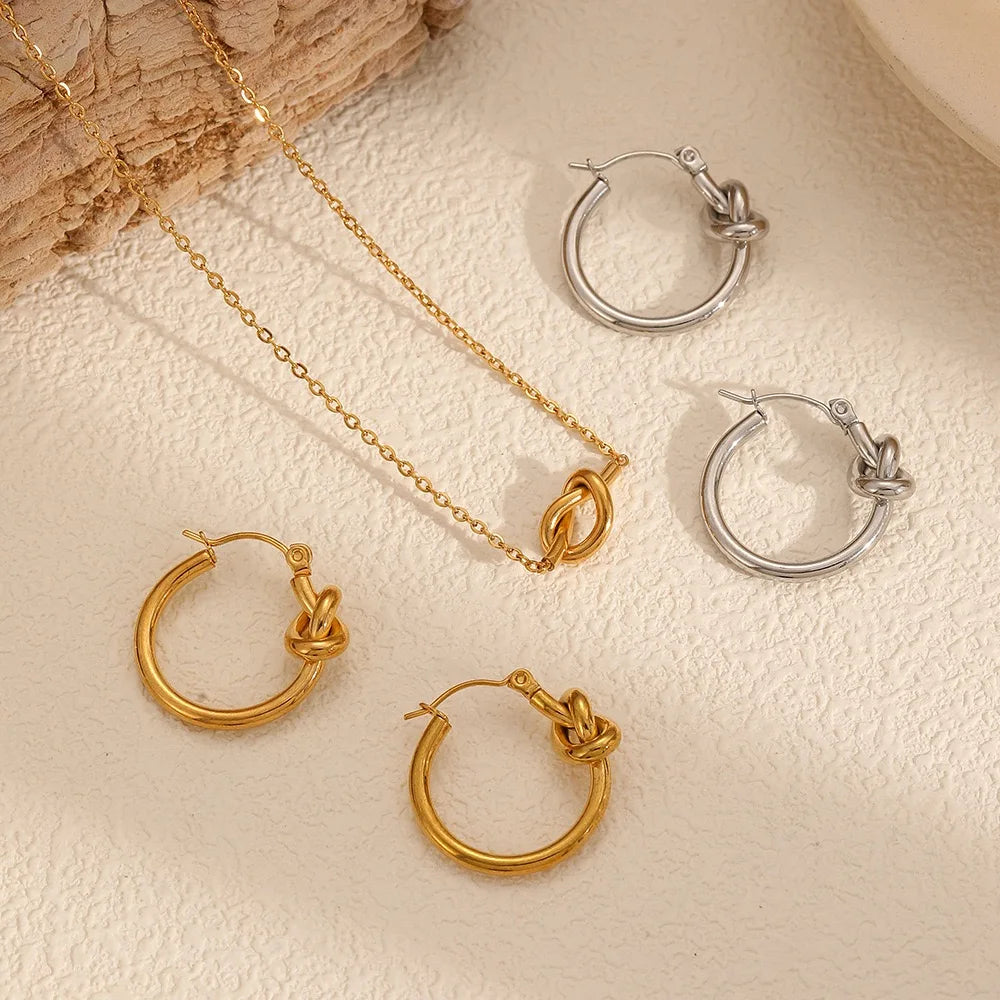 Unique Hoop Earrings Wholesale Stainless Steel Geometric Knotted Necklace and Huggie Earrings Jewelry Set