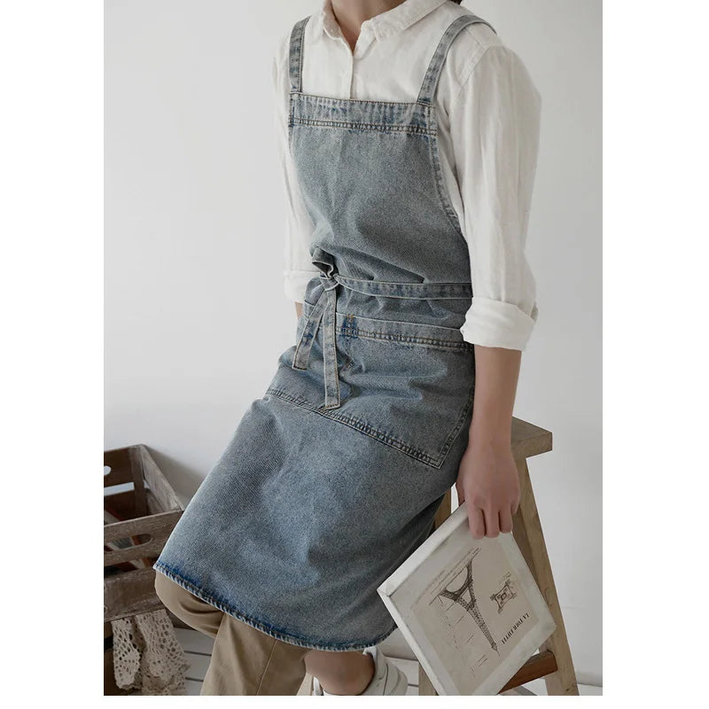 Custom Size Fashion Work With Pockets Women Cotton Heavy Duty Bib Denim Barber Apron