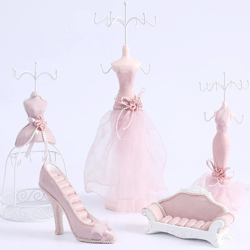 Cute Pink Wedding Dress Metal Jewelry Display Stands Set Necklace Bracelet Display Bust Container