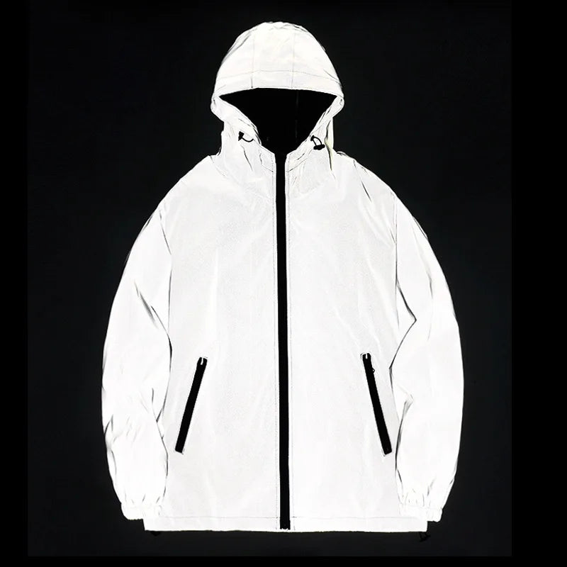 Custom Flash Reflective Jackets  Night Glowing Men Women Windbreaker Hooded Waterproof  Hip-hop Streetwear Night Shiny  Coats