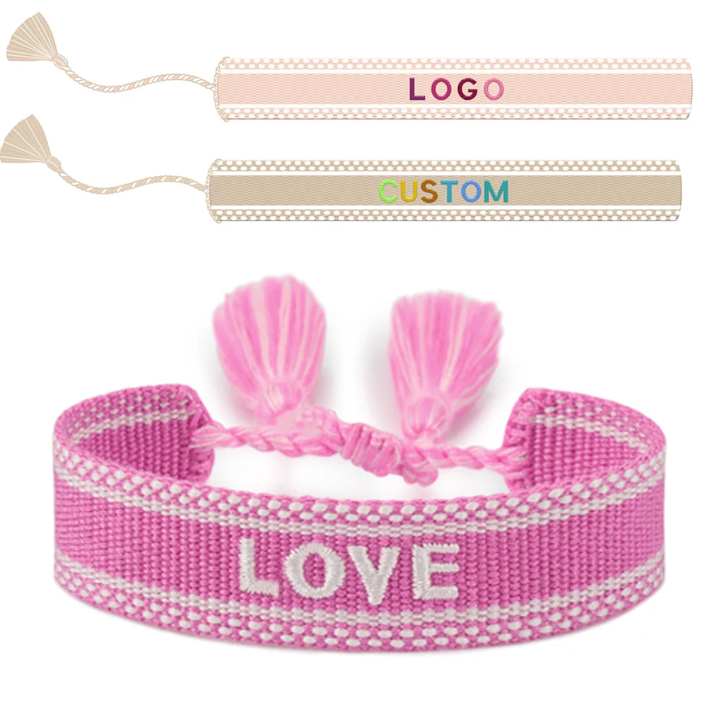 Custom Embroidered Letter LOGO Woven Wristband Adjustable Size Webbing Tassel Bracelets