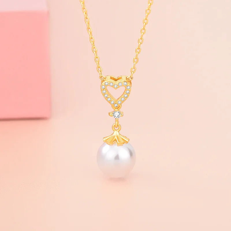 Stainless Steel Cubic Heart Shaped Pearl Pendant Necklace No Fade Popular Gold Plated CZ Clavicle Chain Necklace