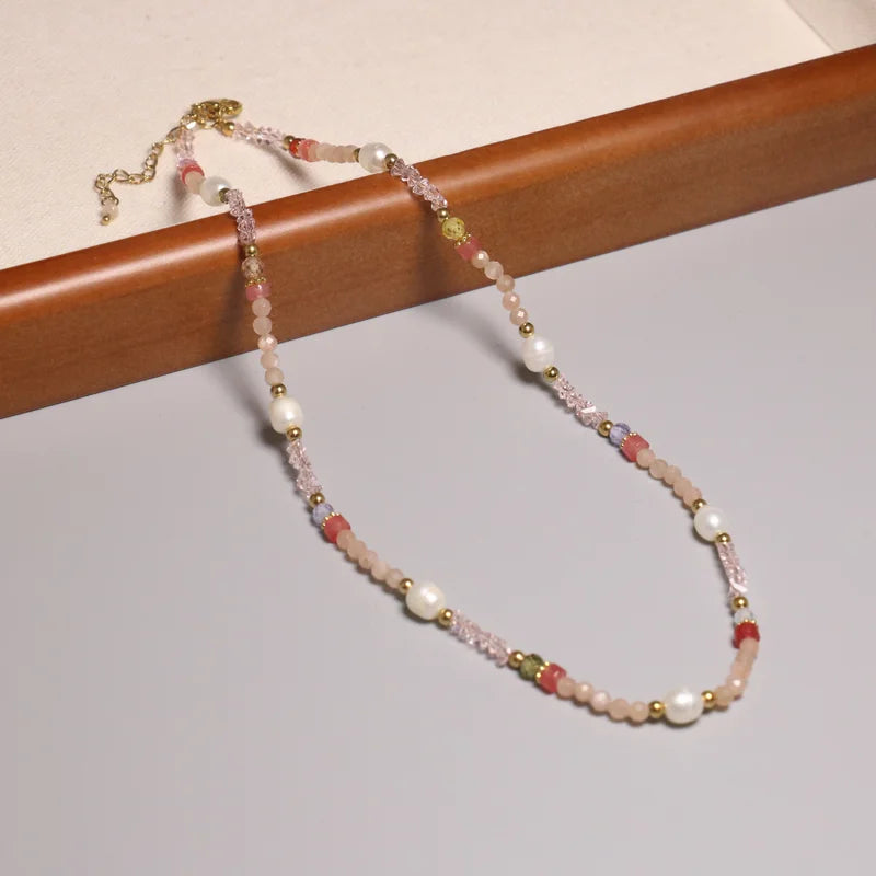 Minimalist Natural Faceted Rose Quartz Stone Necklace for Women Freshwater Pearl Charm Healing Crystal Necklace Fashion Jewelry