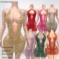 Ocstrade Custom Gold AB Halter Backless Mini Short Dress Hot Sexy Luxury Party Dresses Night Club Crystal V Neck Birthday Dress MegaBDM