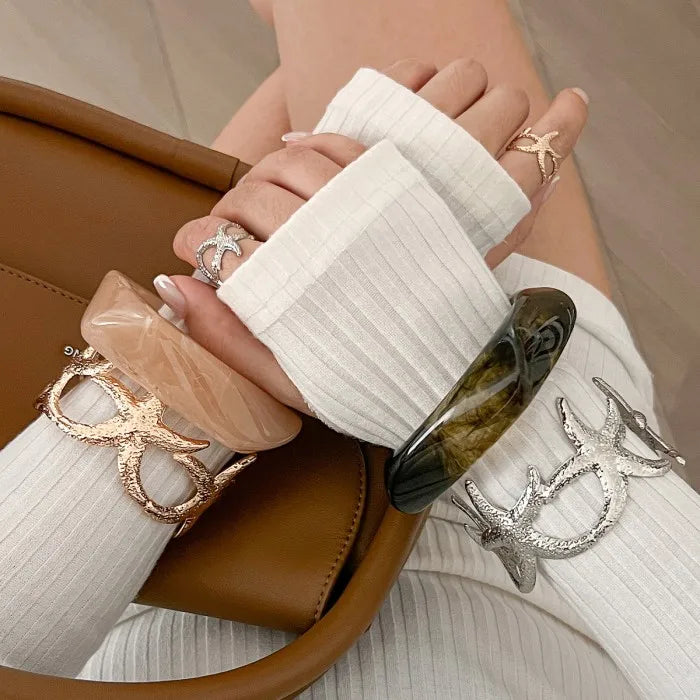 Vintage Punk Big Bracelet Thick Resin Acrylic Geometric Butterfly Starfish Flower Bracelet Ring for Women Jewelry Set